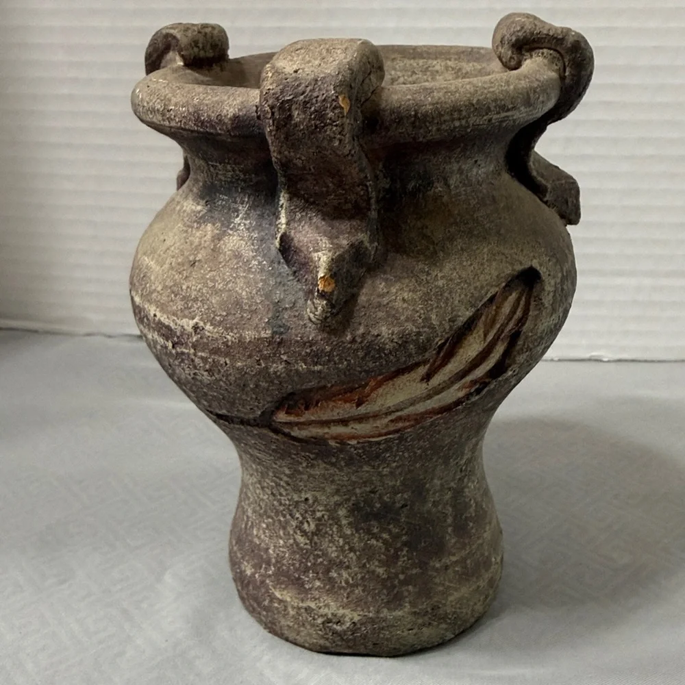 Rustic Style Ceramic Pottery Vase Feather Motif Weathered Finish Loop Handles